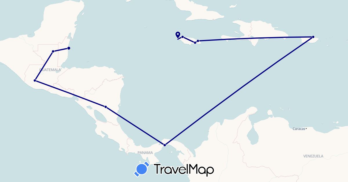 TravelMap itinerary: driving in Belize, Guatemala, Jamaica, Nicaragua, Panama, United States (North America)